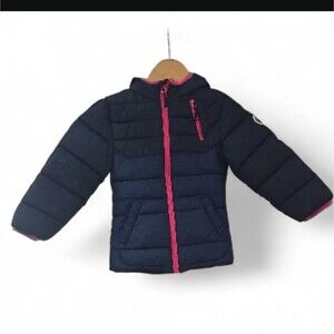 Big Chill Puffer Jacket Kids Sz 4 Navy Pink Hooded Winter Coat Warm Down Blend